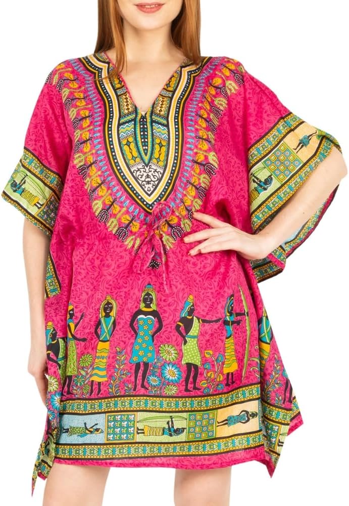 Short Kaftan Beach Cover ups Dresses for Women Ladies Dashiki African Caftan Loungewear Free Size(African Pink)