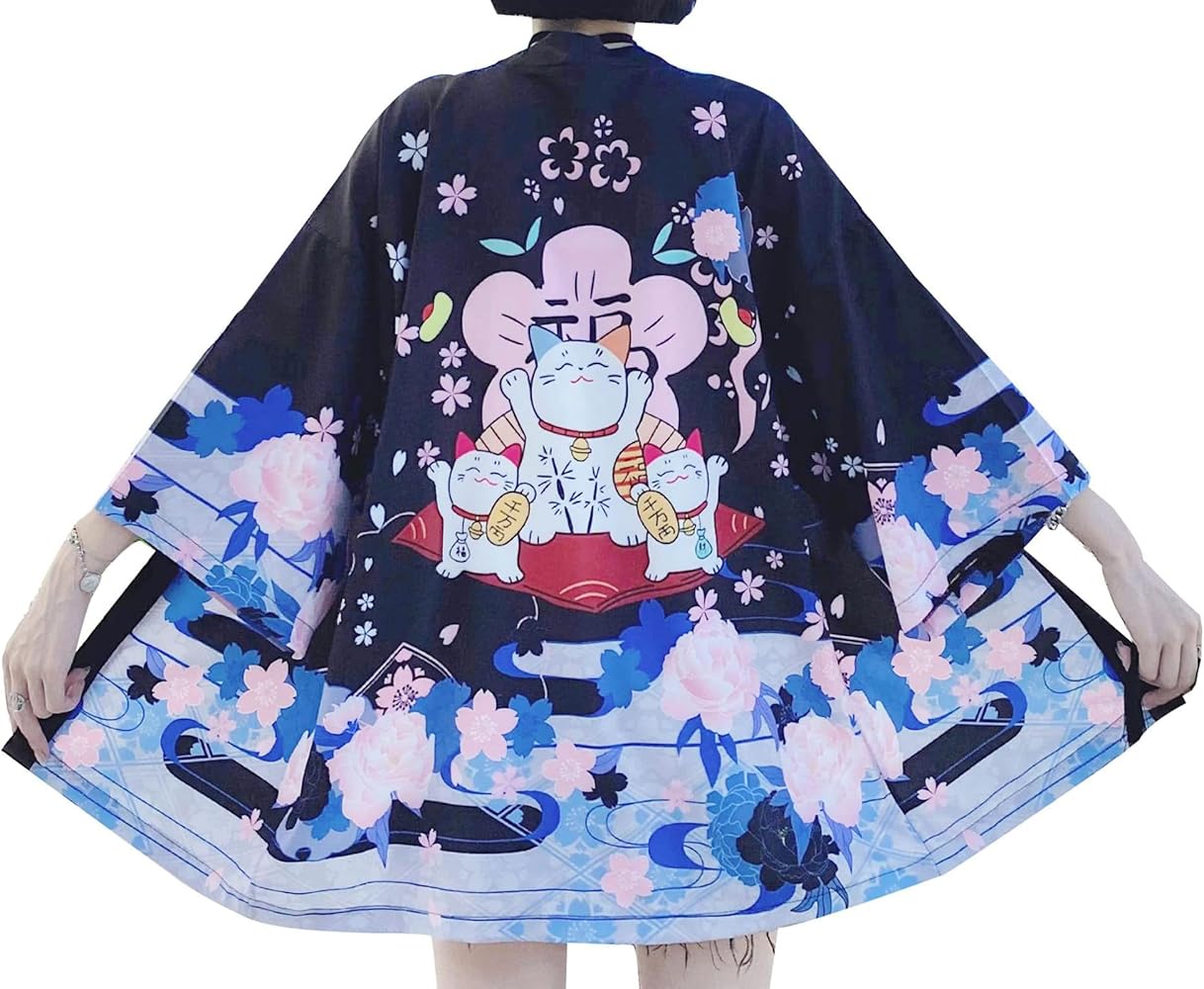 LAI MENG FIVE CATS Women's Floral Print Cardigan Kimono Loose Cover up Casual Tops