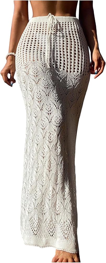 SHENHE Women's Crochet Hollow Out Cover Ups Tie Front Split Sheer Beach Skirt