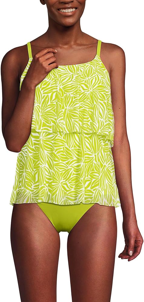 Lands' End Womens Chlorine Resistant Mesh Scoop Neck Tiered Tankini Top Lime/egret Abstract Floral Regular Medium