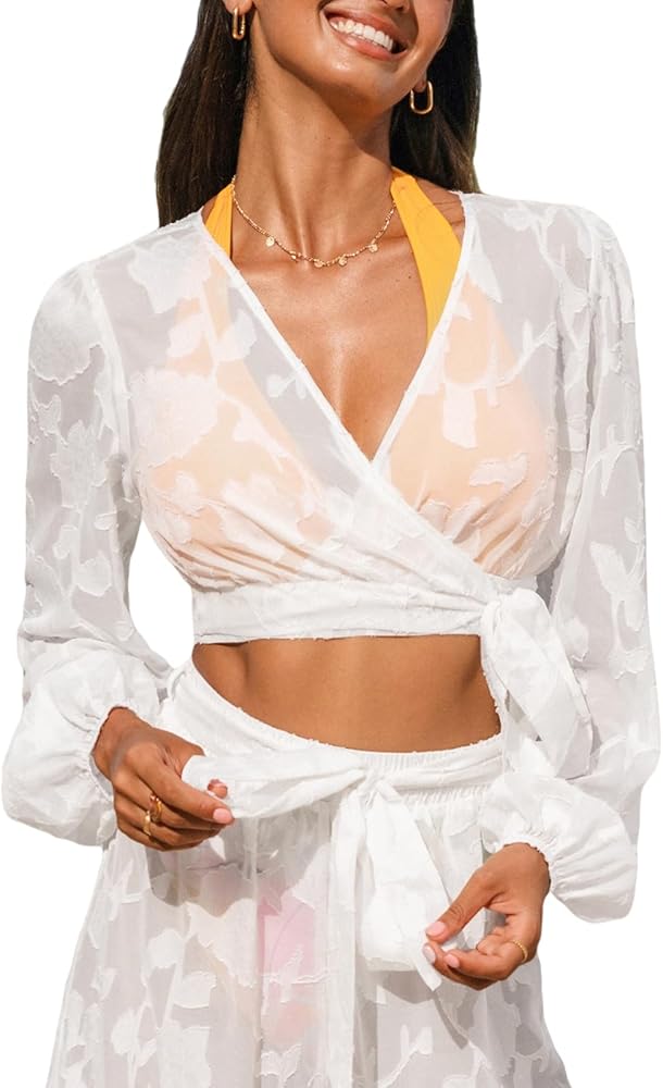 CUPSHE Women's Lantern Sleeves Coverup Tops Self Tie Wrap Bathing Suit Beach Sheer Floeal Tops 2024