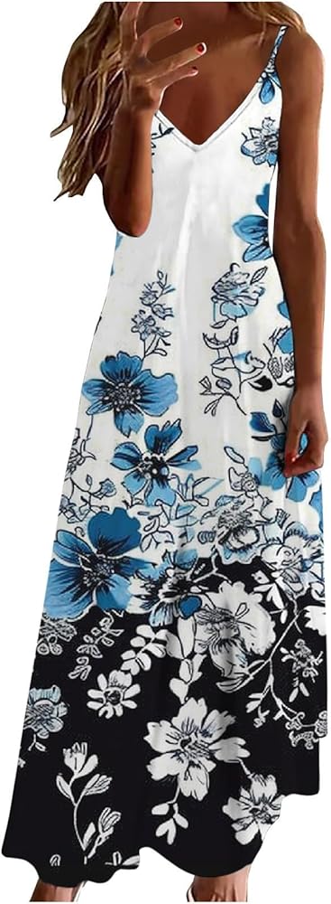 Floral Print Cover Up Maxi Dresses Women's Summer Spaghetti Strap Long Beach Dress Casual Sleeveless V Neck Sundress