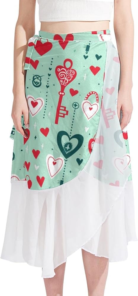 Beach Skirts for Women, Women Beach Sarong, Chiffon Cover Ups for Swimwear, Valentine's Day Cartoon Pattern Pink