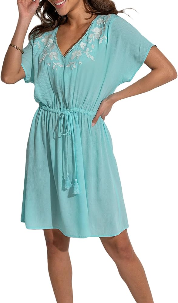 Pour Moi Crinkle Embroidered Kaftan Cover-Up 10/S, Aqua