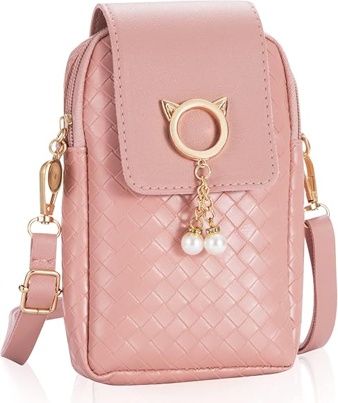 QH-Shop Bolso de Hombro para Teléfono Pu Cuero Bolso Bandolera Pequeño para Mujer Lindo Colgante de Perlas Carteras para Niñas con Correa Ajustable Rosa