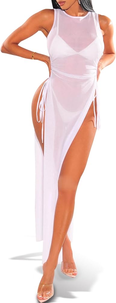 Women's Sexy Sheer Mesh Cover Up Beach Dress High Split Drawstring Swimsuit Bikini Cover Ups