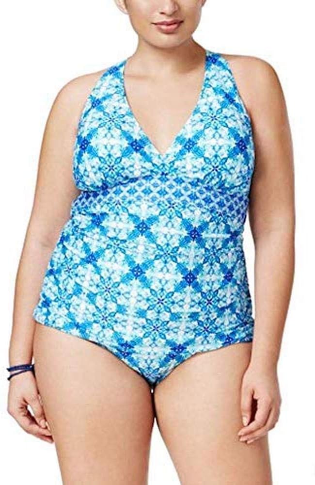 La Blanca Plus Size True Blue Printed Keyhole-Back Halter Tankini Top Women's Swimsuit 16W