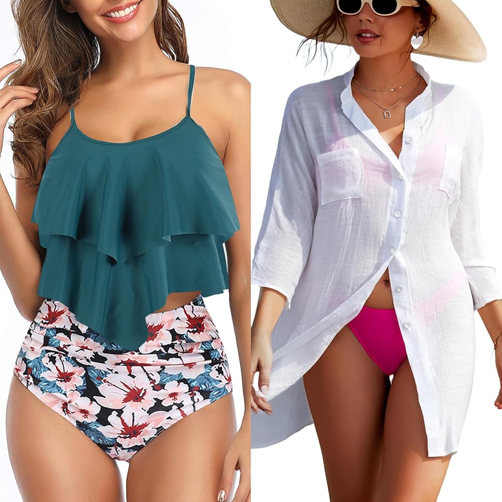 Adisputent Womens Tankini Swimsuits Ruffled Tank Top Swimsuit Cover up Shirts Long Sleeve Button Down Bikini Beachwear Turquoise XXL + White One Size