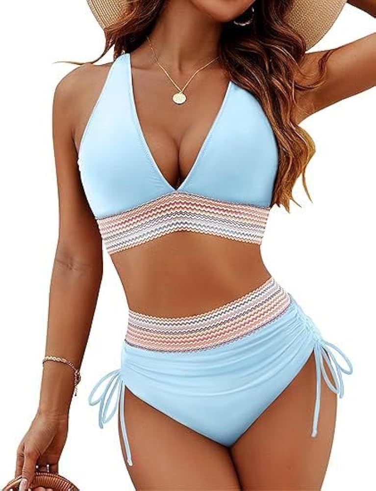 2024 Women's High Waisted Sexy Swimsuits Bikini Sets, Tummy Control V Neck Drawstring (Sky Blue,Small)