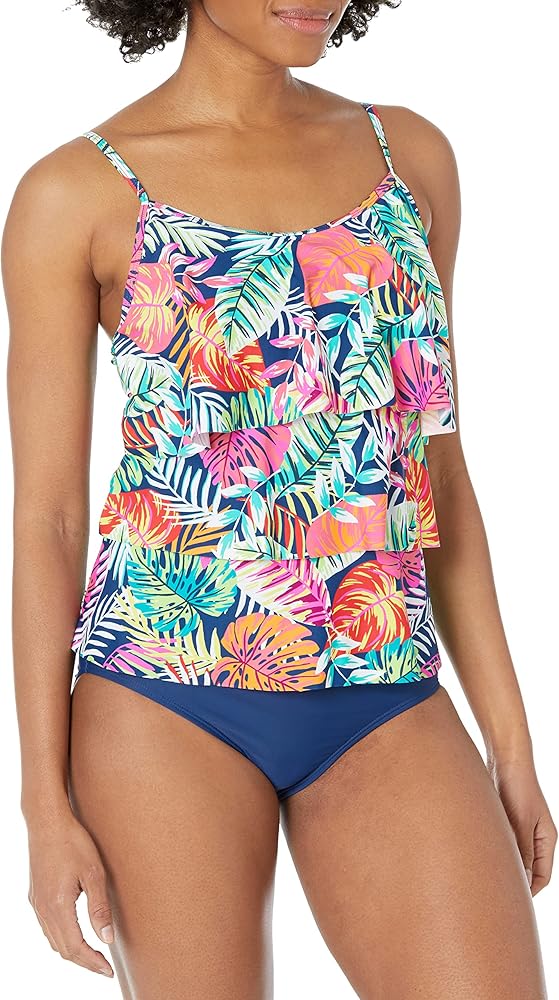 Caribbean Joe Women's Standard Shirred Tankini Tummy Control Quick Dry Sewn in Cups Adjustable Strap Swimsuit Set