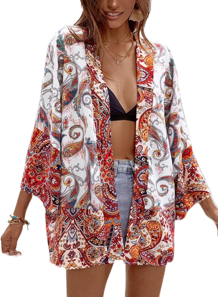 Swimsuit Coverup For Women Beach Swim Coverups Paisley Print Batwing Sleeve Kimono Womens Cover Ups