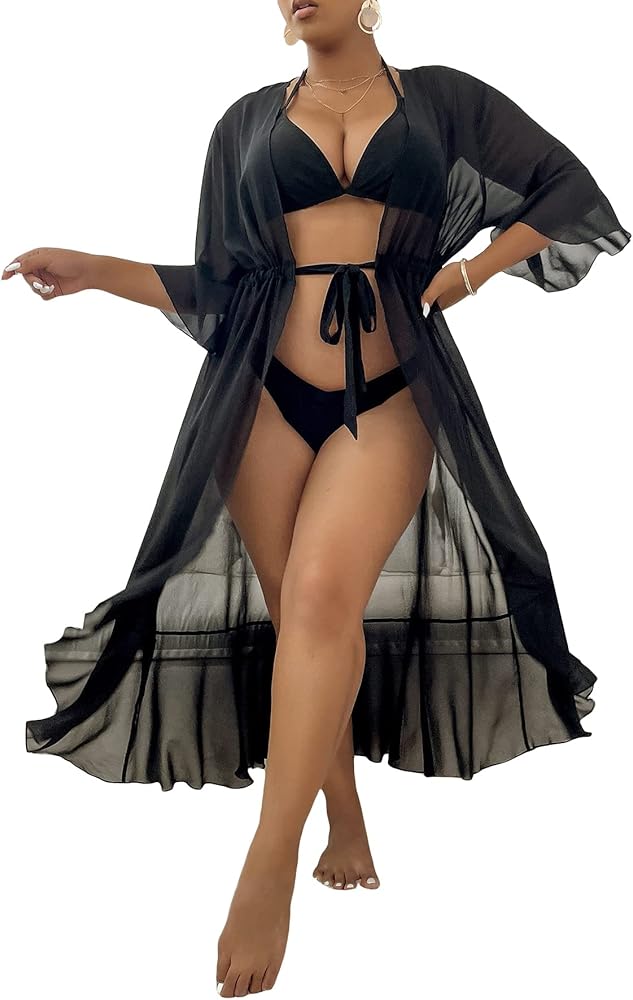 MakeMeChic Women's Plus Size Kimono Cover Up Bell Sleeve Tie Front Sheer Beach Swimsuit Cover Up