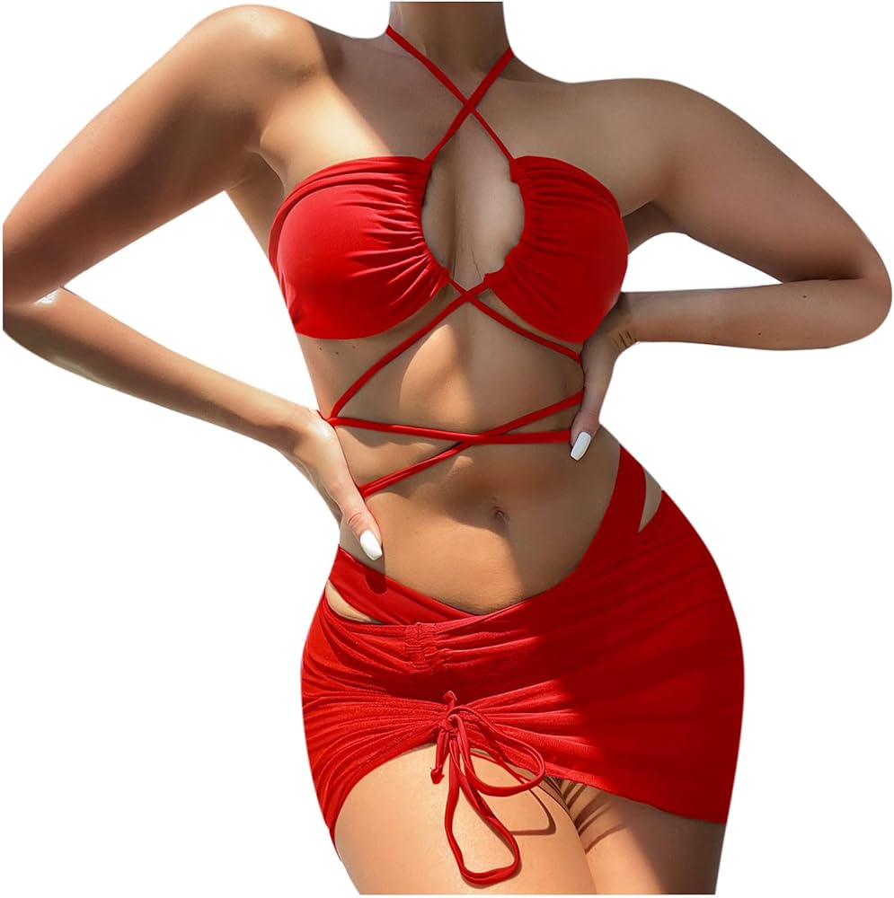 3 Piece Bikini Set for Women Halter Criss Cross Swimsuit with Sarongs Cover Ups Beach Skirt High Cut Bathing Suit Red