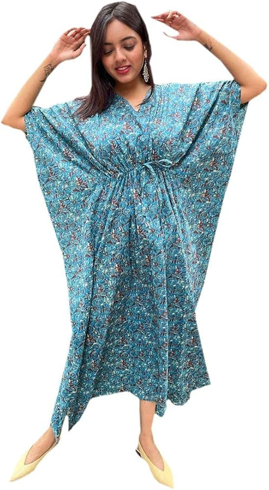 Designer Pure Hand Block Sanganeri Shibori Print Kaftan Length 52 inch Free Size for Women and Ladies_KAF-054 - (Blue)