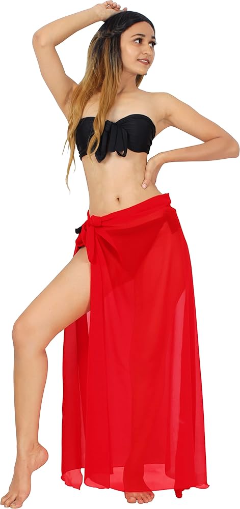 HAPPY BAY Women's Semi Sheer Sarong Swimsuit Cover Up Summer Beach Wrap Skirt Bikini Cover-Ups L Red, Plain