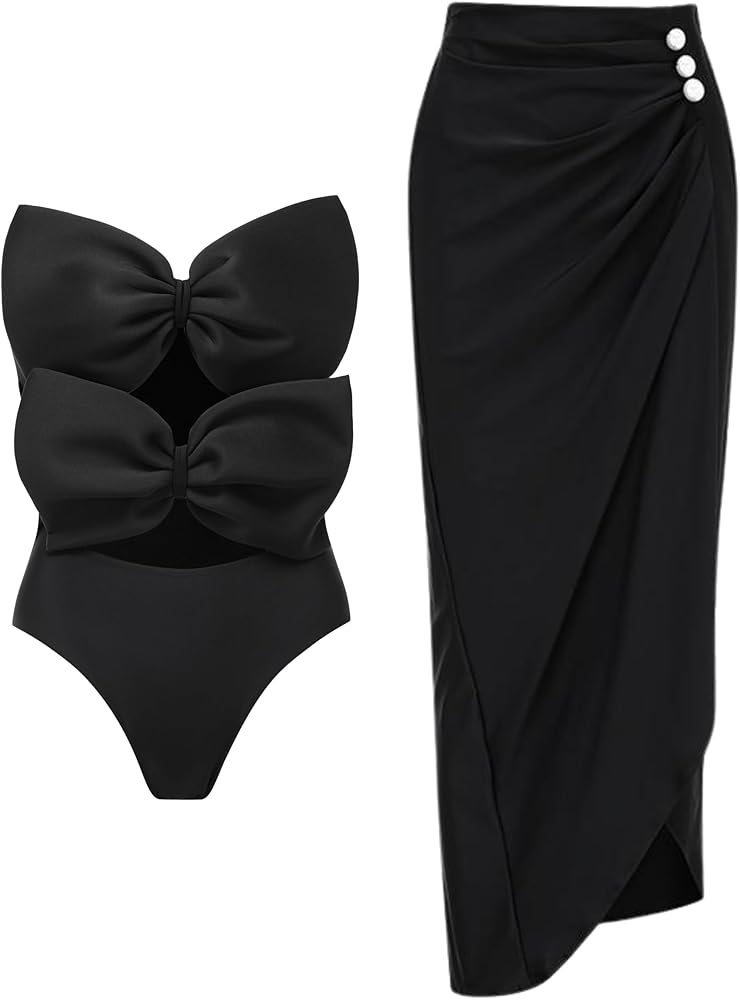 FLAXMAKER Womens Swimwear Double Bow Tie Bandeau Cutout Detachable Sling Black One Piece Swimsuit and Skirt