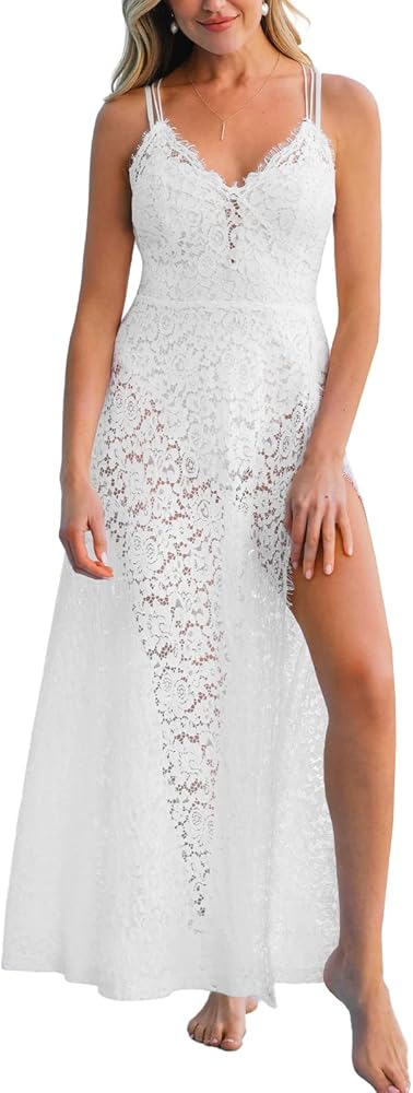 CUPSHE Women Beach Wedding Romance Lace Maxi Cover-Up Dress Crisscoss Back Semi-Sheer Cami Dresses