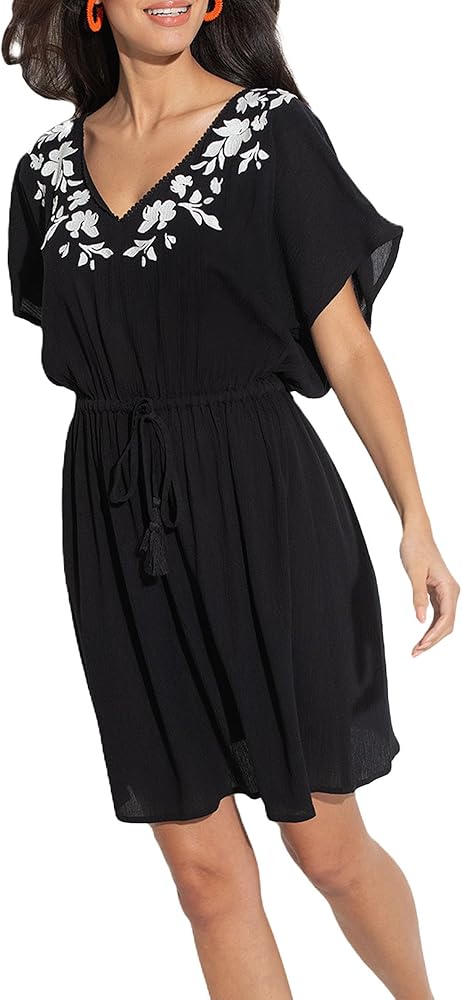 Pour Moi Crinkle Embroidered Kaftan Cover-Up 14/L, Black