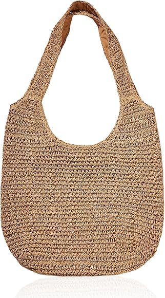 1 bolso de paja para mujer, bolso de playa de verano, bolso de mano tejido a mano, bolso de hombro retro, bolso de compras de gran capacidad, Adecuado para trabajo, viajes, vacaciones (caqui)