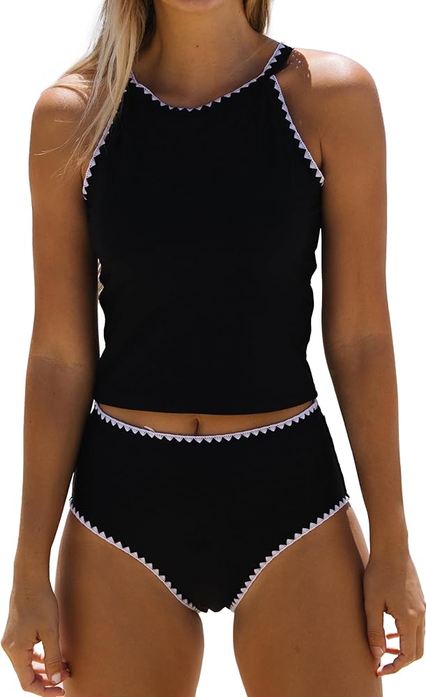 Beachsissi Women Cute White Trim Bathing Suit Swimwear Round Neck Tankini Set, Black