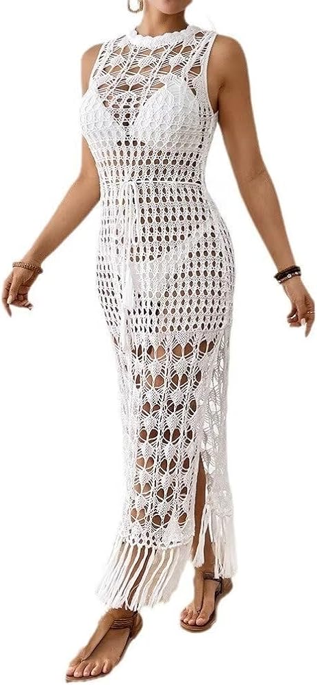 White Boho Crochet Maxi Dress Swimwear Coverups Hollow Out Knitted Bikini Wrap Cover, Large