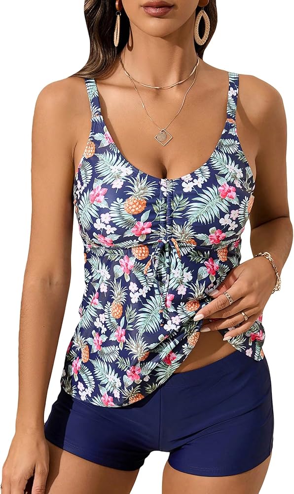 MakeMeChic Women's 2 Piece Swimsuit Tropical Print Scoop Neck Backless Drawstring Beach Tankini Sets