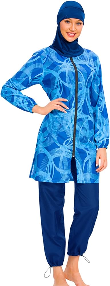 Muslim Swimming Suits for Women Plus Size Loose Long Zipper Front Islamic Modest Swimwear Burkini Print