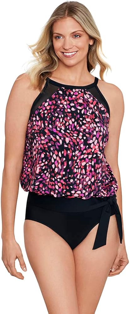 Penbrooke Shape Solver Women's Abstract Dot High Neck Blouson Underwire Tankini Top Separate