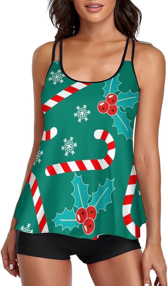 Romantic Christmas Tankini Bathing Suits for Women Tank Top Swimsuit Two Piece Swimwear