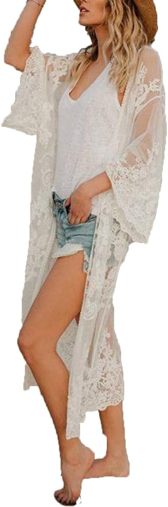 Bsubseach Women White Sexy Lace Long Sleeve Swimsuit Embroidery Beach Kimono Cardigan Bikini Cover Up