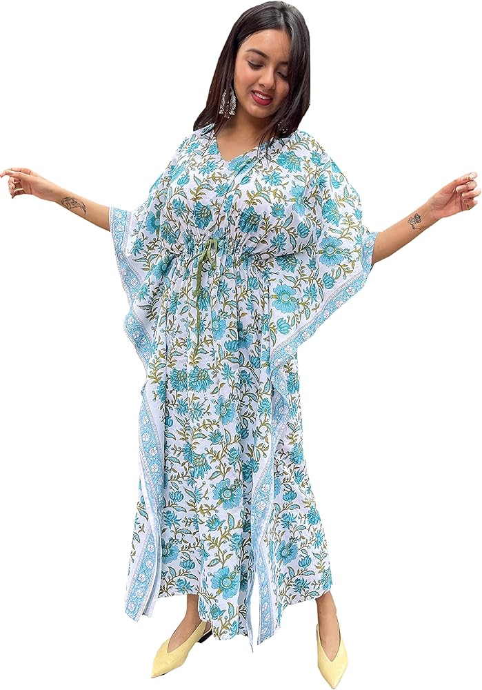 Designer Handicrafts Pure Hand Block Bagru and Indigo/Shibori Print Kaftan Length 52 inch Free Size for Women and Ladies_KAF-008 - (Blue)