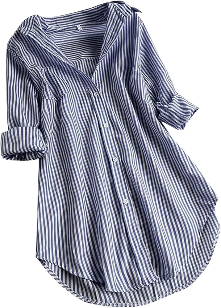 Women's Fall Summer Casual Stripe Cotton Linen Blouses Button Down High Low Shirts Dresses Long Sleeve Tops Curved Hem Tunics Beach Swimsuit Cover Ups with Pocket(Gray S)