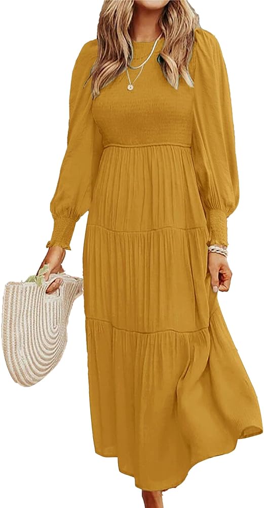 Women's 2024 Fall Long Sleeve Dress Crewneck Pleated Tiered Swing Midi Dresses Casual Loose Flowy Dress for Party Guest