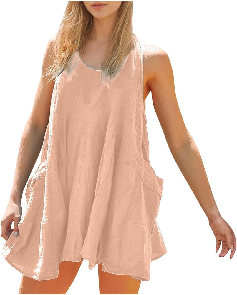 Open Back Lace Up Mini Dress Women Sleeveless Crewneck Cover Up Beach Dress Summer Babydoll Tank Dress with Pockets