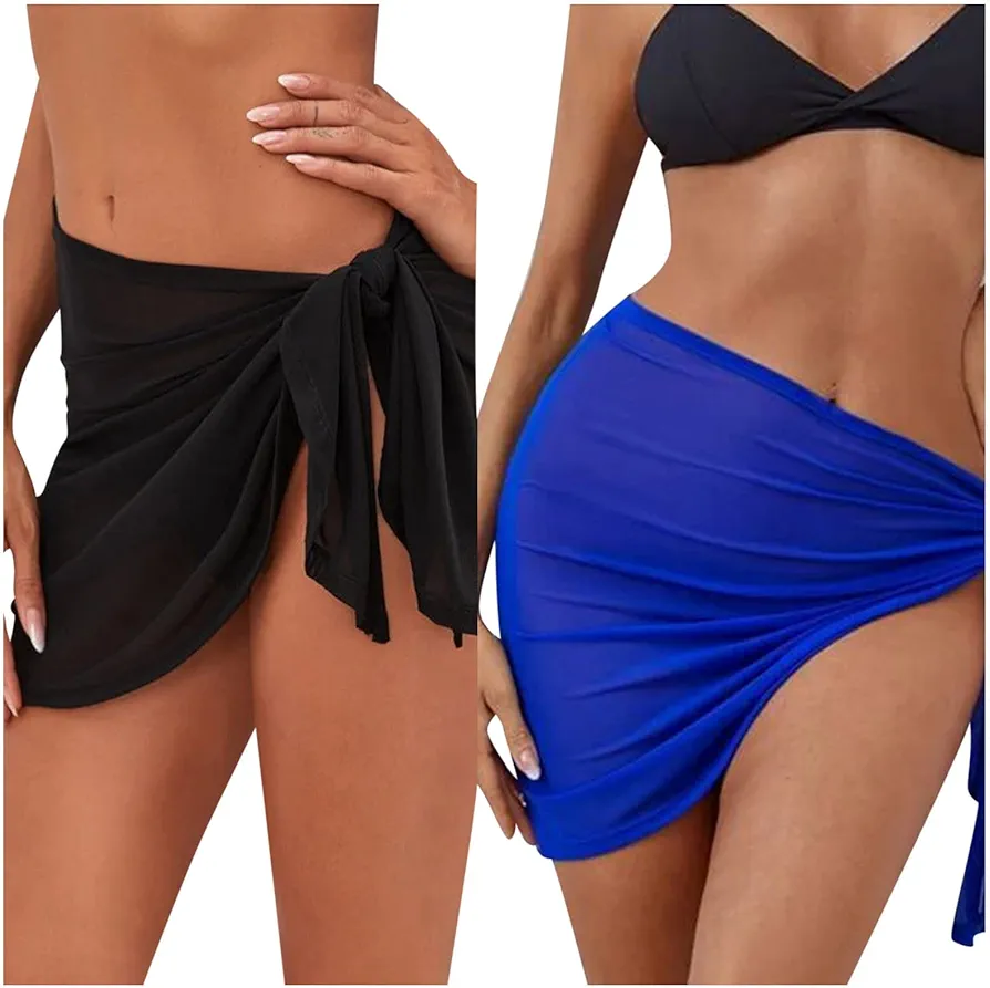 2 Pieces Women Beach Sarongs Sheer Cover Ups Mesh Bikini Wrap Skirt for Swimwear Swimsuit with Cover Ups Set (Blue, S)