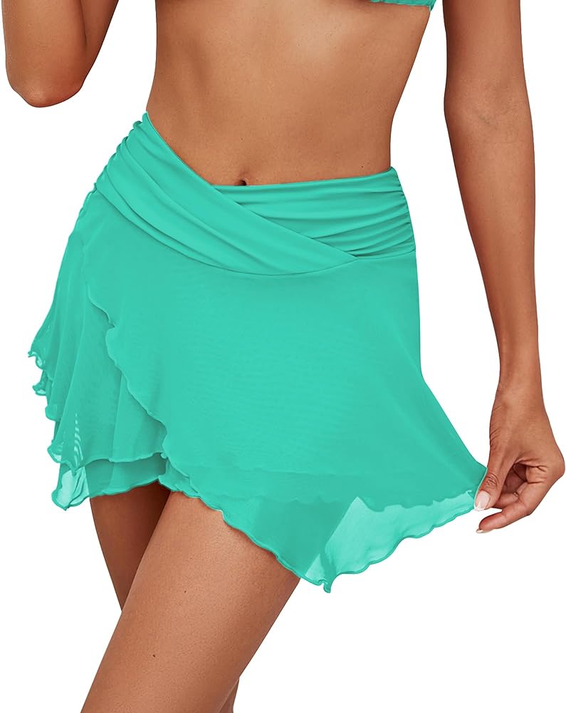 GRAPENT Swim Skirt Bottoms for Women Criss Cross High Waisted Bikini Bottom Layered Mesh Flowy Shorts Bathing Suit Skort