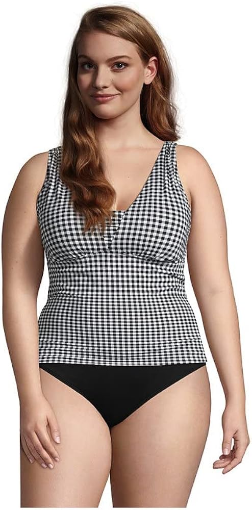 Lands' End Womens Chlorine Resistant Grecian Tankini Top Control Black/White Gingham Plus 16w