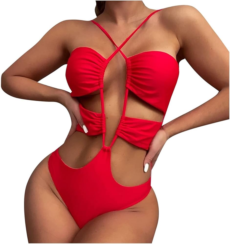 Summer Sexy Swimming Wear Women Mid Waist Bathing Suits Solid Color Tankini Sets Hollow Out Bandage Beachwear