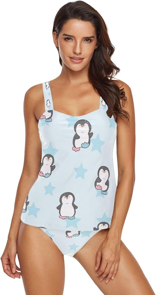 Cute Penguin 2 Piece Women Tankini Swimsuit Tummy Control Sport Bathing Suit with Bikini Bottom