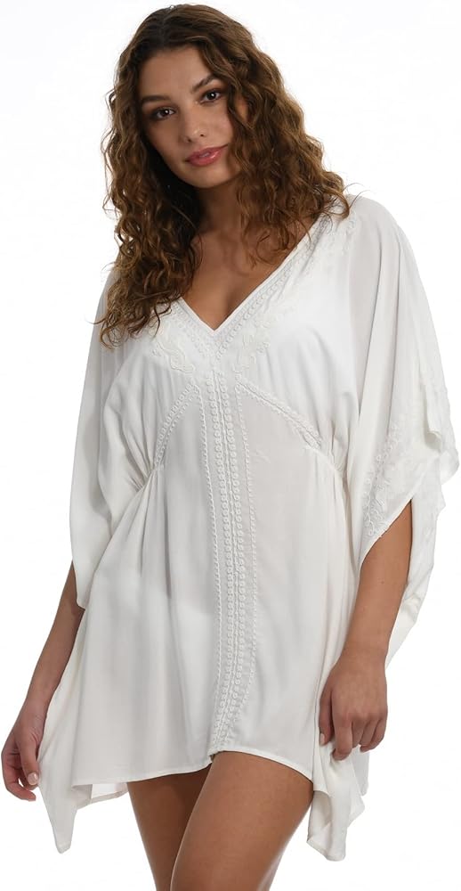 Sunshine 79 Women's Short Sleeve Tunic Cover Up Dress, White//Hippie Trail, M