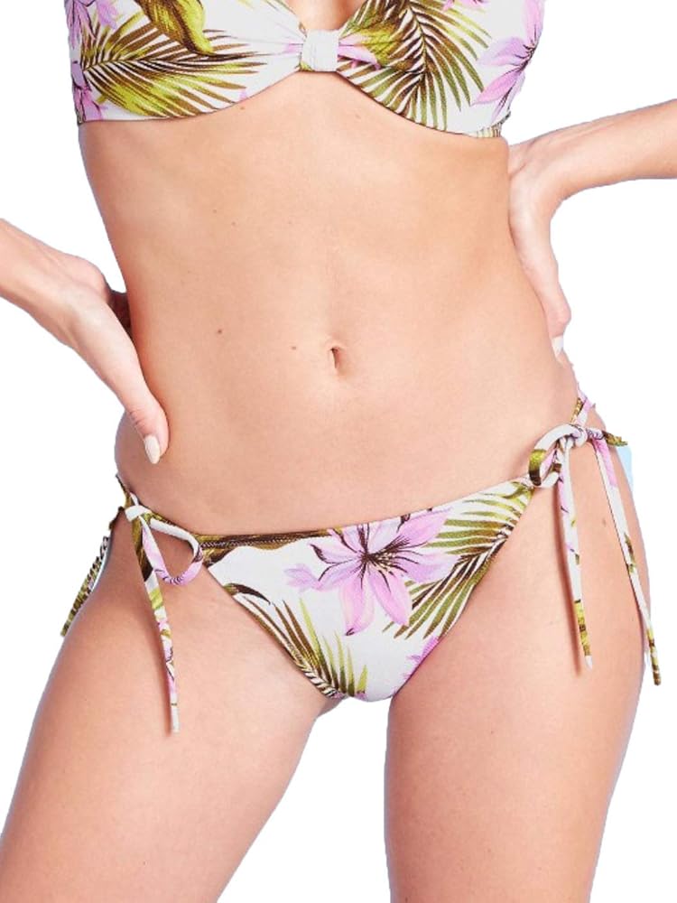 Shade & Shore Women's Textured Side-Tie Ruffle Cheeky Bikini Bottom - White Floral -(Medium)