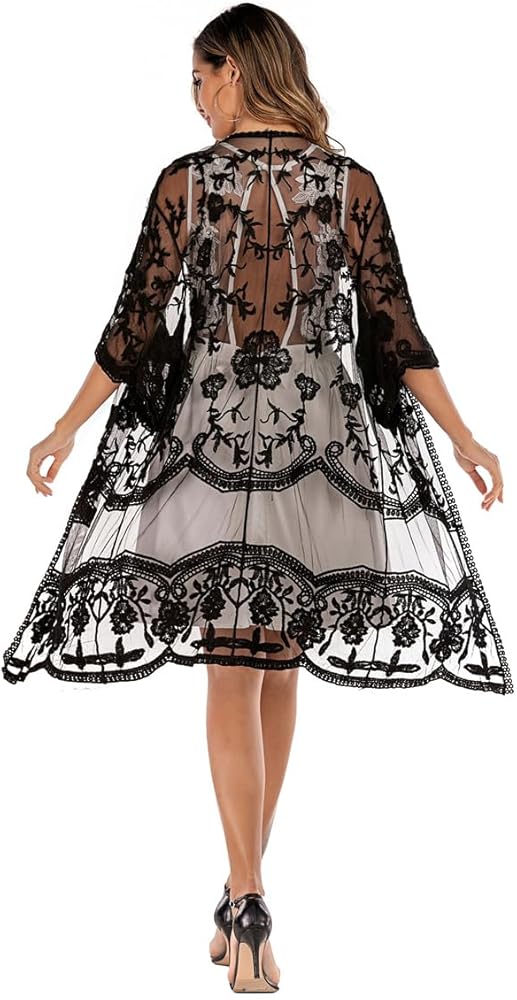 Women's Floral Kimono Cardigan Lace Beach Cover Up Long Open Front Mesh Sheer Crochet Wedding Beach Dress Coverups for Women