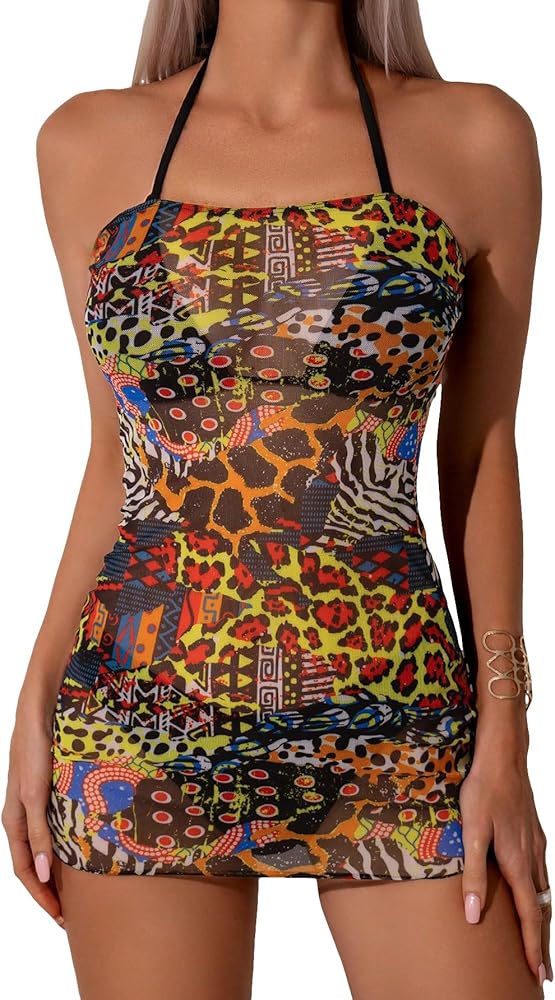 WDIRARA Women's Leopard Animal Print Mesh Halter Cover Ups Swimwear Sleeveless Sheer Beach Dress