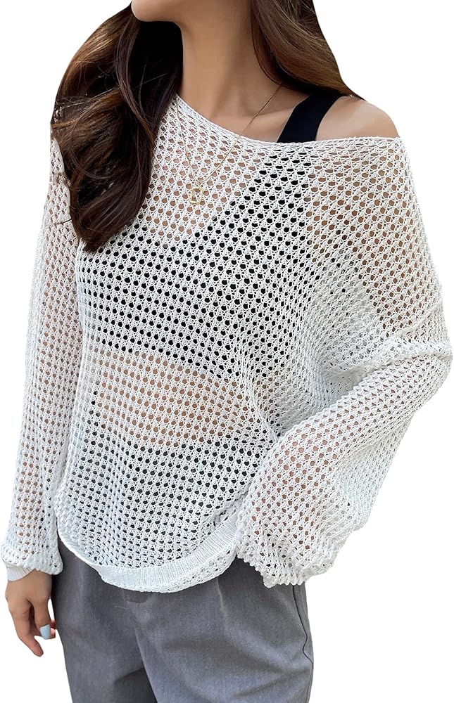 MakeMeChic Women's Knit Cover Up Long Sleeve Hollow Out See Through Beach Swimsuit Cover Up