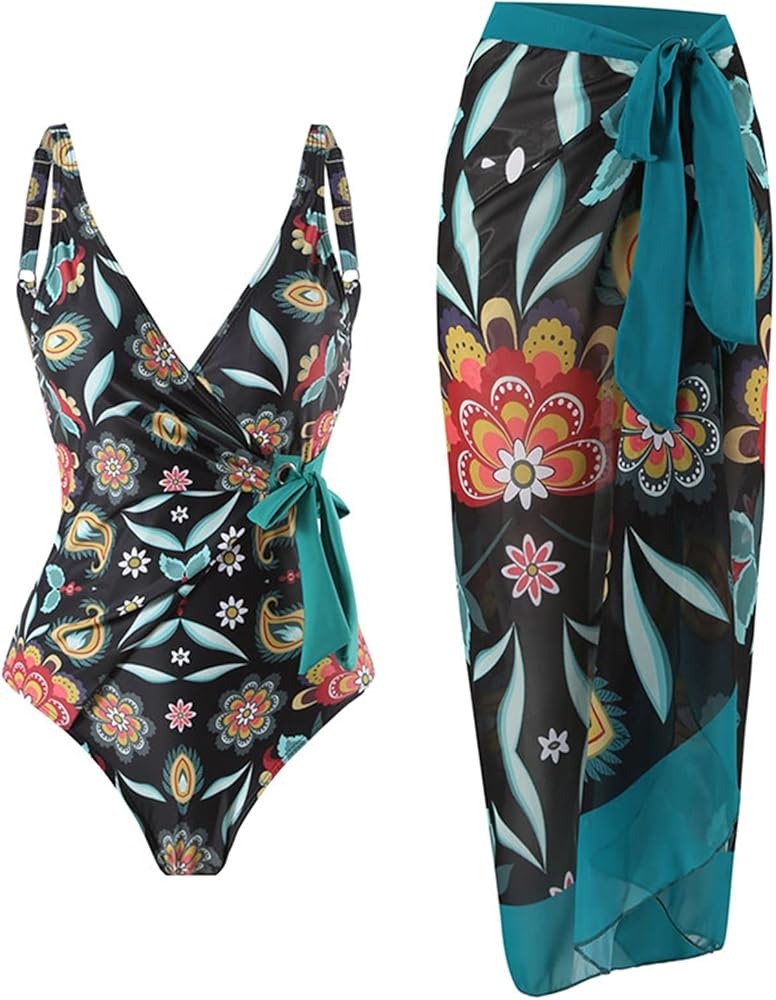 Women's One Piece Swimsuit with Beach Cover up Wrap Skirt Floral Tummy Control Tankini Set 2 Piece Swimsuit Outfits