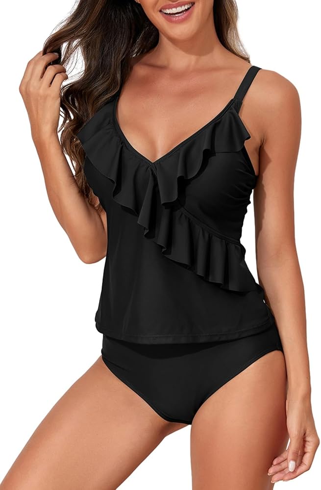 Aleumdr Two Piece Tankini Swimsuit for Women Tummy Control Bathing Suits Ruffled Top with Bikini Bottoms Swimwear