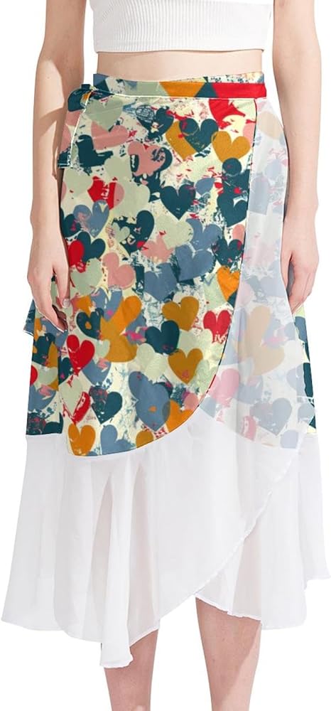 Beach Skirts for Women, Women Beach Sarong, Chiffon Cover Ups for Swimwear, Colorful Heart Kawaii Pattern Lovely