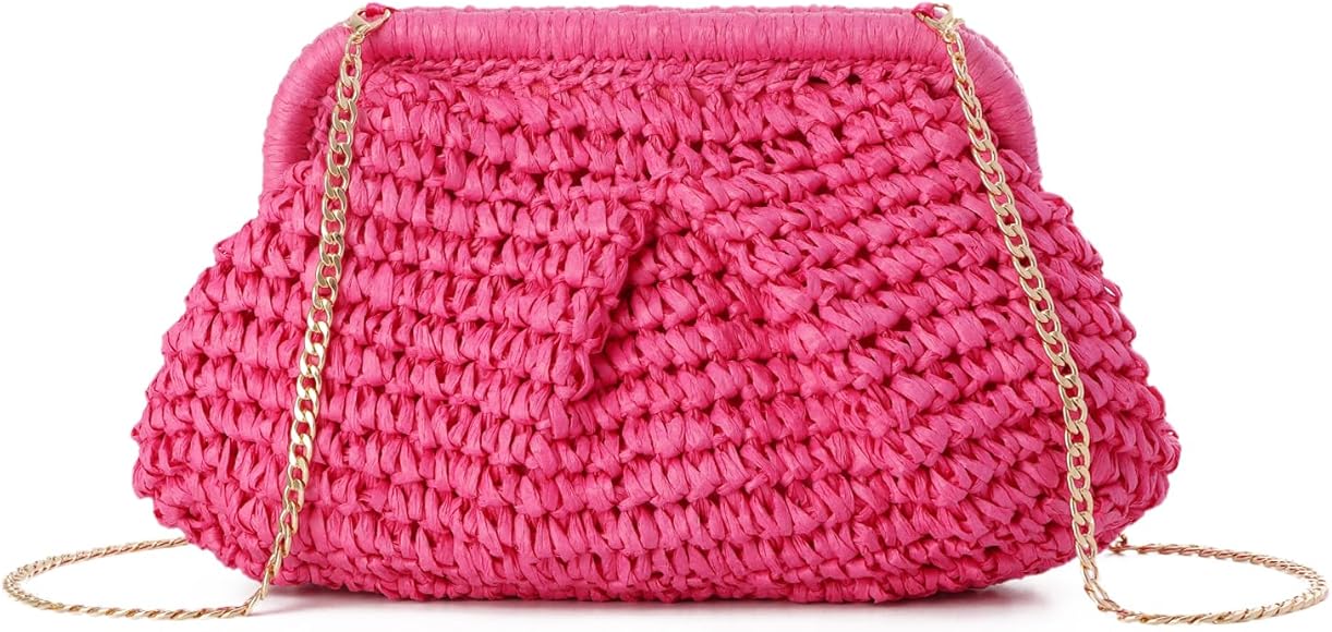 EVEOUT Clutch de Paja Mujer Bolso Nube de Boda Fiesta Paja con Cadena Bolsos Bandolera Paja Tejido para Vacaciones Playa