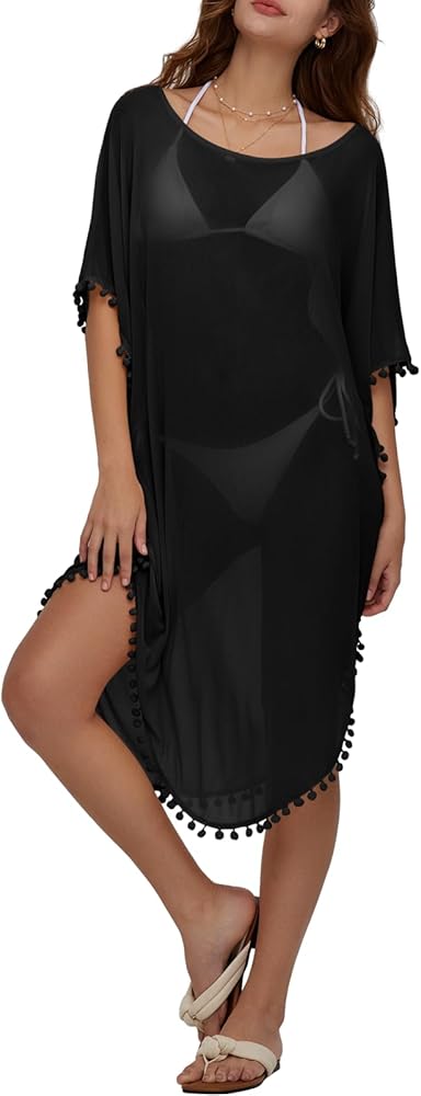 DEEP SELF Womens Crochet Swimsuit Cover Up Half Batwing Sleeve Side Split Bathing Suit Swim Coverup Summer Long Beach Dress