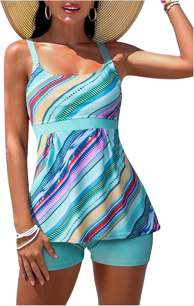 Floerns Women's Striped Print Swimsuit Square Neck Top with Shorts Tankini Sets